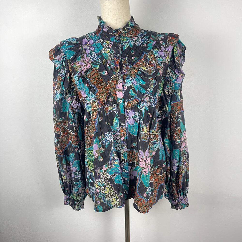Love the Label Floral Print Metallic Long Sleeve Mock Neck Button Blouse Small
